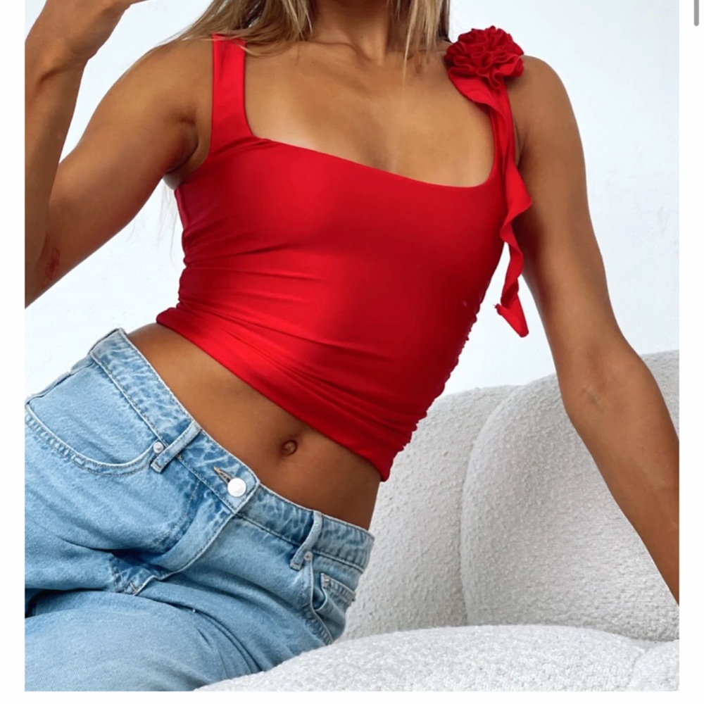 Red Sleeveless Top with Floral Detail